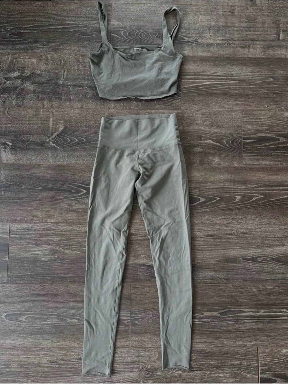 Aritzia TNA Sage Green Active Crop Tank and high waisted leggings set